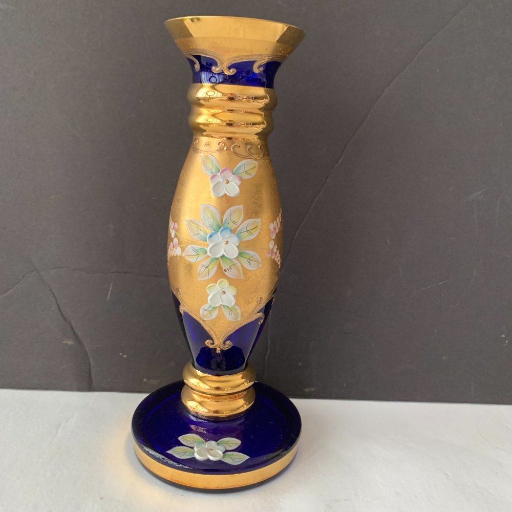 VINTAGE BOHEMIA CZECH 24K GOLD ENCRUSTED & ENAMEL COBALT BLUE CRYSTAL VASE 8"